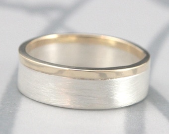 Modern Two Tone Wedding Band Solid 14K Yellow Gold and Sterling Silver Brushed and Polished Men's Wedding Ring Hand Made to Size Unique Ring