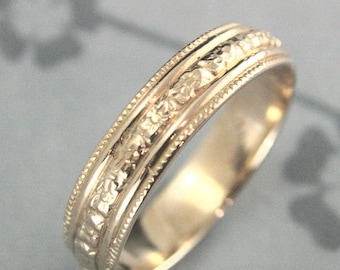 Solid 14K Gold Ring Hand Cast Wedding Band Recycled Gold Flower Rosy Band with Milgraine Edge Wide Orange Blossom Design Ring for Him or Her