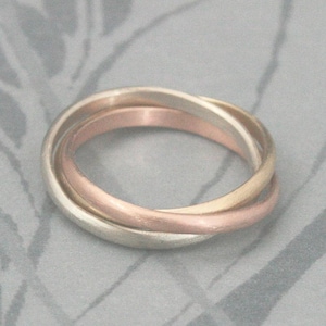 Solid 14K Tri Color Rolling Ring Rose, White and Yellow Gold Interlocking Ring Three 2mm Wide Half Round Bands Custom Made to Size
