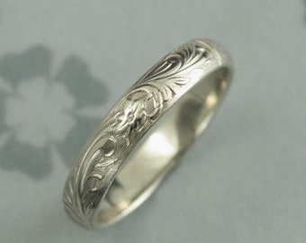 White Gold Wedding Band--Woman's Floral Wedding Ring--White Gold Neoclassic Design--Vintage Style Floral Ring--Antique Style Band