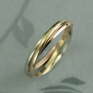 Tricolor Rolling Ring 10K Gold Interlocking Rings Wedding Band Skinny Minnie Roller Unique Wedding Band Love, Hope, Faith Ring