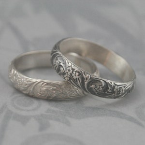 Vintage Style Band Silver Wedding Band Bridal Bouquet Band Floral Ring Flourish Patterned Ring Women's Wedding Ring Oxidized Silver Ring