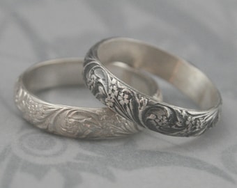 Vintage Style Band Silver Wedding Band Bridal Bouquet Band Floral Ring Flourish Patterned Ring Women's Wedding Ring Oxidized Silver Ring