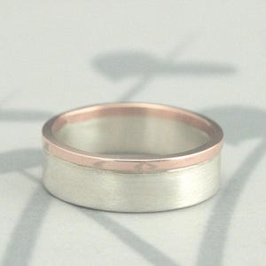 Modern Two Tone Wedding Band Solid 14K Rose Gold and Sterling Silver Brushed and Polished Men&#39;s Wedding Ring Mixed Metal Band Two Tone Ring