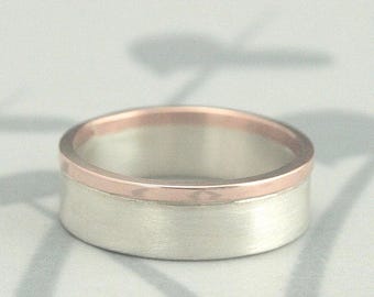 Modern Two Tone Wedding Band Solid 14K Rose Gold and Sterling Silver Brushed and Polished Men's Wedding Ring Mixed Metal Band Two Tone Ring