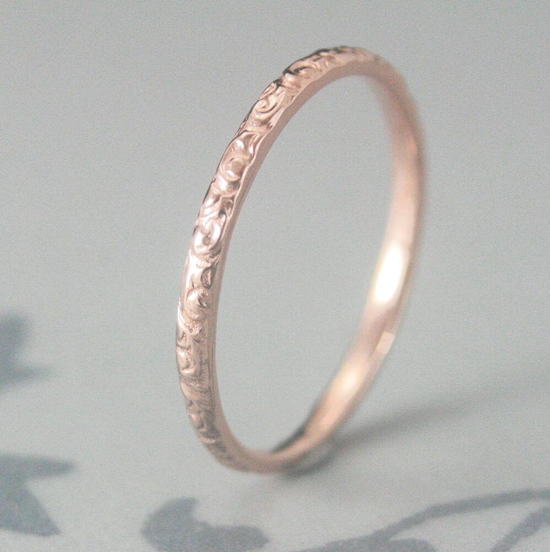 Thin Rose Gold Wedding Ring 14K Rose Gold Rococo in the Disco Wedding Band Solid 14K Gold Swirl Patterned Ring Custom Made in YOUR Size image 3
