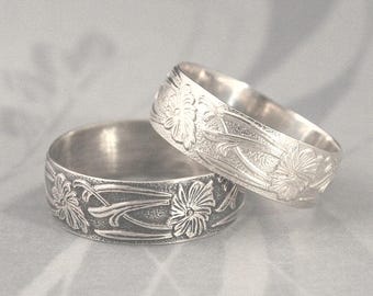 Silver Wedding Ring Fleur Nouveau Ring Sterling Silver Art Nouveau Floral Patterned Band Antique Style Ring Vintage Look Band Chrysanthemum