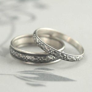 Vintage Style Wedding Rings Silver Wedding Set of Silver Bands Wedding Silver Patterned Rings Renaissance Milgrain Rings Antique Style Rings