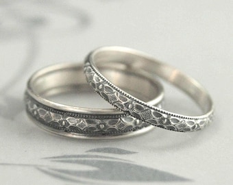 Vintage Style Wedding Rings Silver Wedding Set of Silver Bands Wedding Silver Patterned Rings Renaissance Milgrain Rings Antique Style Rings