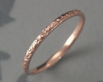 Thin Rose Gold Wedding Ring--14K Rose Gold Rococo in the Disco Wedding Band--Solid 14K Gold Swirl Patterned Ring Custom made in YOUR Size
