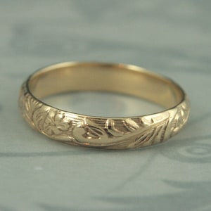Solid Gold Neoclassic Ring Floral Wedding Band Solid Gold Wedding Ring with Flower and Leaf Design Rounded Band Patterned Ring 10K 14K 18K