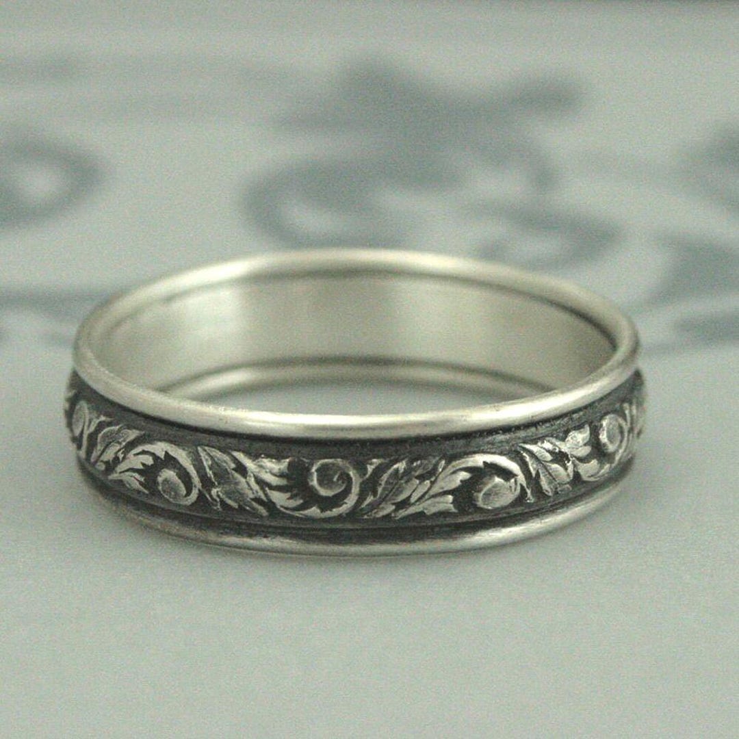 Silver Wedding Band Leaf Patterned Wedding Band Men's Wedding Ring ...