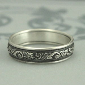 Silver Wedding Band Leaf Patterned Wedding Band Men&#39;s Wedding Ring Silver Leaf and Swirl Ring Handmade in USA with Recycled Silver Baroque