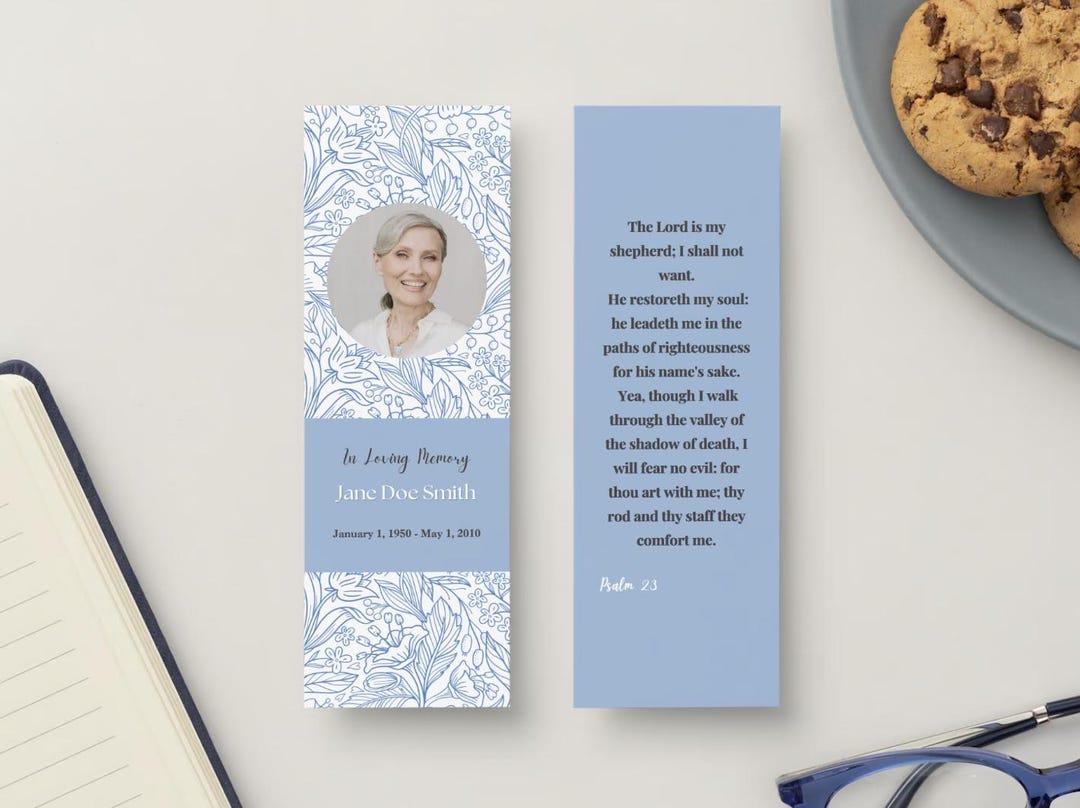 Scripture Memory Bookmark Blue Floral Loving Memory of Bookmark, Bible Bookmark, Funeral Insert ...