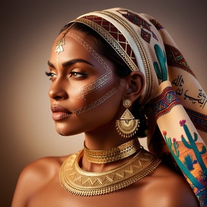 Può includere: Una donna con un foulard colorato con gioielli d'oro e intricate marcature bianche sul viso. Il foulard ha testo arabo e un design di cactus.
