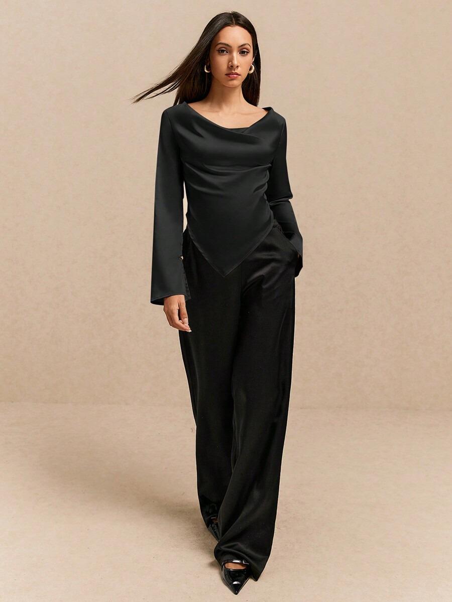 Cowl Neck Asymmetrical Cut Satin Party Blouse