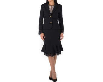 Women Black Skirt Suit Custom Made Lace Black Tweed Crop Short Jacket + Skirt Suit