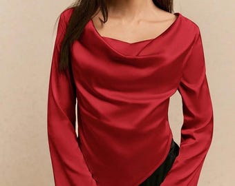 red-elegant-cowl-neck-blouse-satin-top