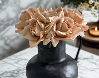5 Stems Luxury Terracotta Silk Roses Real Touch Artificial Flowers Autumn Wedding Bouquets Rustic Centerpieces with Burnt Orange & Clay Tone
