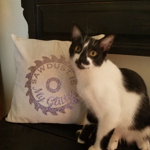May include: A black and white cat sits on a bench with a white pillow. The pillow has a purple glitter design of a saw blade with the text "My Dust is Glitter".