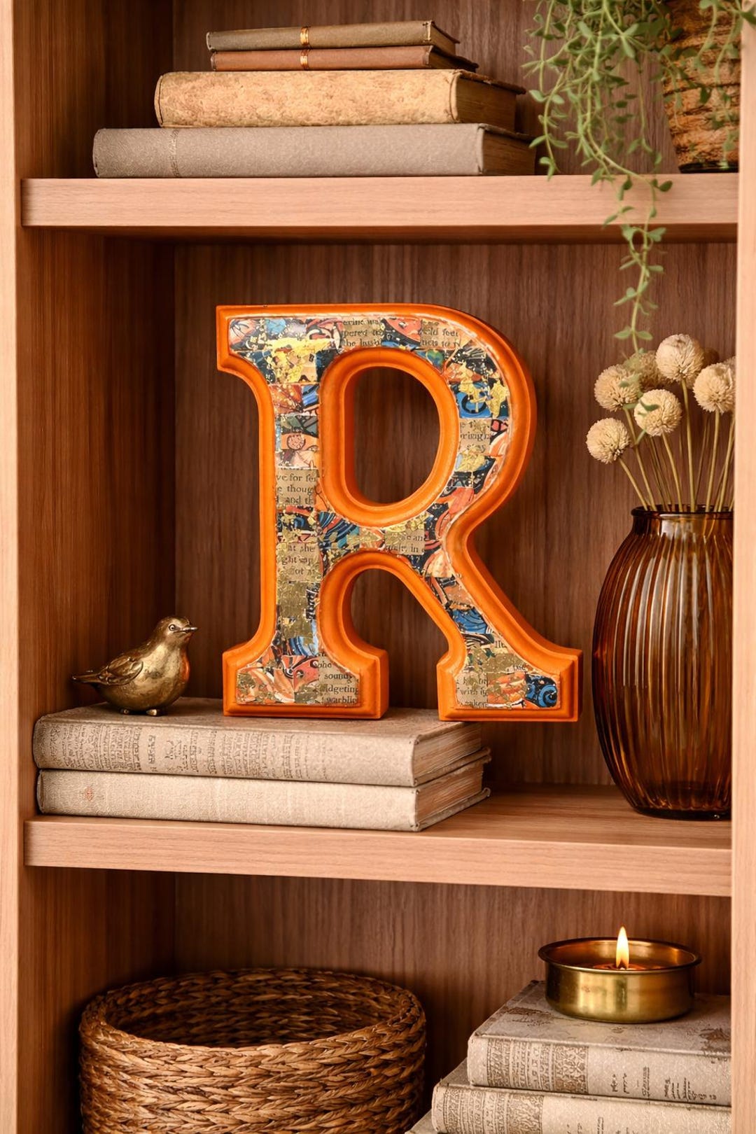 Handmade Letter R Wall Art, Paper Collage Initial Decor, Orange ...