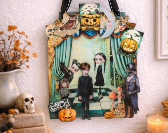 Decoração gótica de Halloween feita à mão para pendurar – Miniatura de colagem infantil assustadora, arte vintage e lúdica para o Halloween.