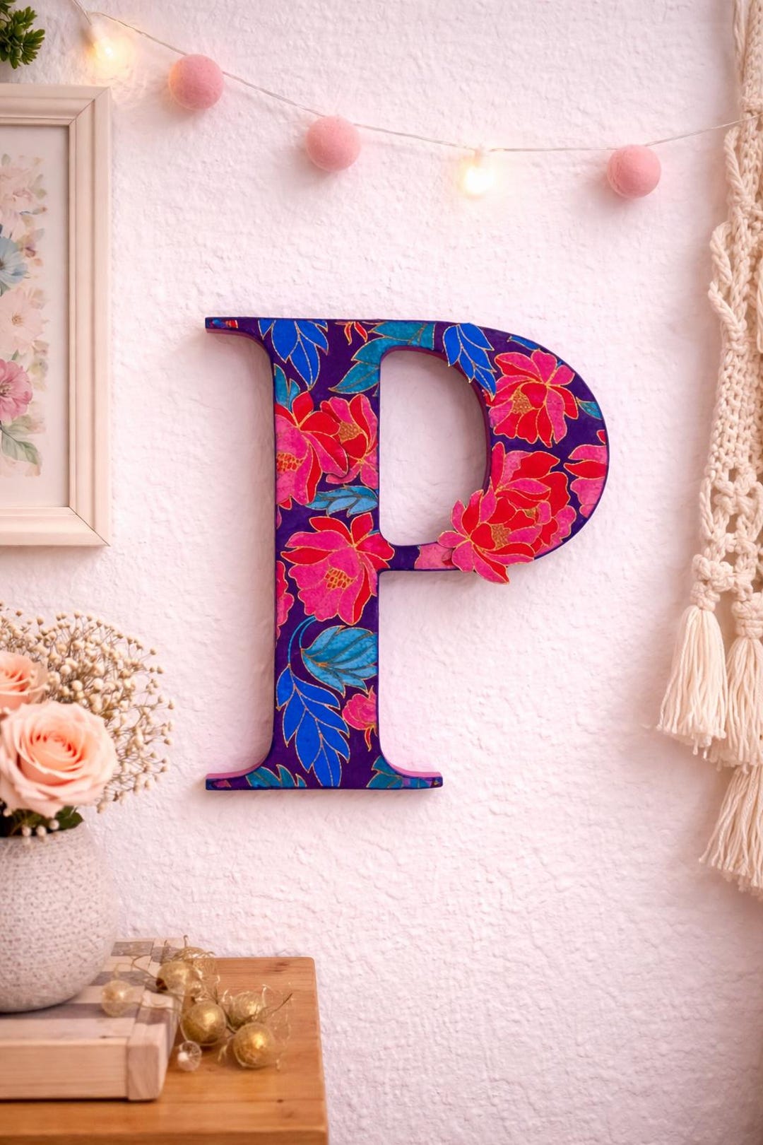 Floral Letter P Decor | Handmade Wooden Initial, Nursery Accent - Etsy