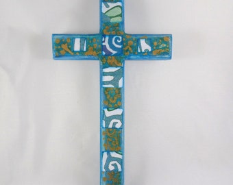 Blue Wood Cross with Gentle Abstract Patterns