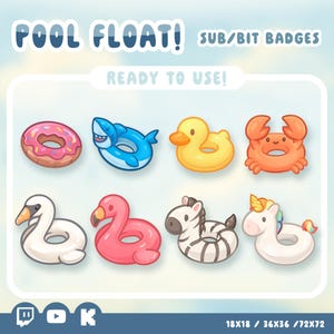 Könnte beinhalten: Illustration von acht Cartoon-Schwimmreifen-Designs, darunter ein Donut, Hai, Ente, Krabbe, Schwan, Flamingo, Zebra und Einhorn. Der Text "POOL FLOAT!" und "READY TO USE!" sind zu sehen. Social-Media-Symbole und Größenangaben sind ebenfalls enthalten.