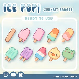 Peut inclure: Plusieurs illustrations de glaces à l'eau colorées, dont des bâtonnets roses, oranges et bleus, ainsi qu'un canard et une grenouille. Le texte "ICE POP! SUB/BIT BADGES READY TO USE!" est affiché en haut. L'image comprend des icônes de réseaux sociaux.