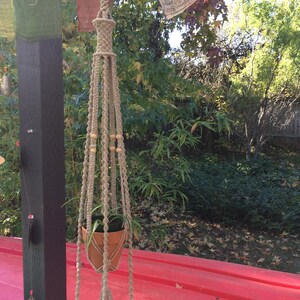 May include: A macrame plant hanger with wooden beads hangs from a wooden beam. A small potted plant is in the hanger. The hanger is in front of a red surface and a green leafy background.