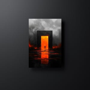 Surrealist Poster: Eerie Doorway Glow in Grayscale Landscape - Dark Art Print for Home Decor