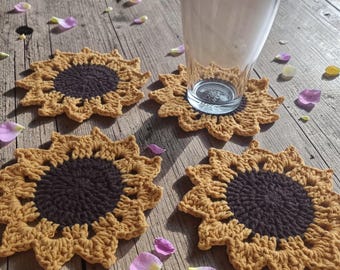 Dessous de verre Tournesol Crochet2, Sous-verre Fleur Fait Main, Set de Table Rond Boheme, Deco Table Cuisine Cadeau Cremaillere, LMDHannah.