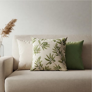 Premium Linen-Feel Throw Pillow Covers Set of 2 (22x22&quot; + 18x18&quot;)  Olive Floral & Leaves + Dark Olive – Decorative Cushion Covers.
