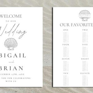 May include: A white wedding welcome sign with a seashell graphic and the text "Welcome to our Wedding Abigail and Brian December 1st, 20XX Thank you for celebrating with us". A white seating chart with the text "Our Favorite People" and a seashell graphic. The seating chart lists table numbers one through twelve.
