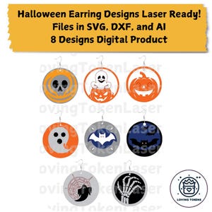 Digital Files for Halloween Circular Earrings - 8 Pumpkin and Ghost Designs for Laser Cutting - SVG DXF AI with Guide Manual