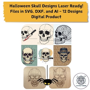 Può includere: Dodici design digitali di teschi di Halloween in vari stili. I design includono un teschio con un coltello, un teschio con un sigaro, un teschio con un cappello e un teschio con le corna. I design sono in bianco e nero e sono pronti per essere utilizzati per il taglio laser.