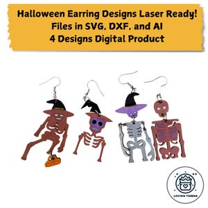 File Digitali per Orecchini in Legno a Tema Scheletro Halloween - Set di 4 Design di Scheletro - Taglio Laser - SVG DXF AI