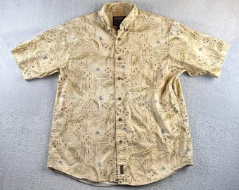 VTG Woolrich Shirt Mens 2XL Tan Green Blue Khaki Kayak Button Up Hawaiian Camp