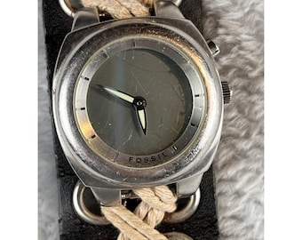 Vintage Fossil Big Tic Watch JR8259 Braided Leather Snap Band Hippy Boho