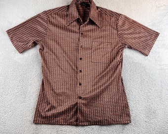 Camisa de disco vintage Joel California de los años 70 para hombre, talla M, color marrón, naranja, estampado geométrico, poliéster.