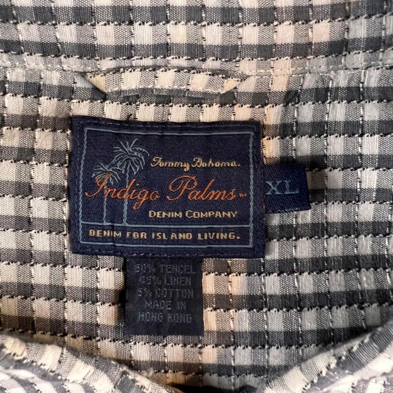 Camisa Tommy Bahama Indigo Palms para hombre, talla XL, de mezcla de lino con estampado de cuadros y botones. LEER imagen 4