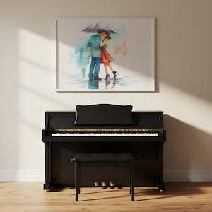 Romantic Couple Under Umbrella Canvas Print | Watercolor Love Art | Cozy Kissing Scene | Modern Couple Wall Art | Heartwarming Home Decor