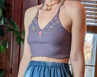 Hand‑Embroidered Lavender Ribbed Knit Halter Crop Top * Prairie Flower by Tsukatta