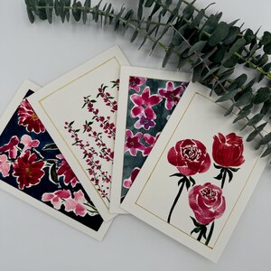 Set of 4 original, hand-painted 5x7 watercolor greeting cards (blank inside)