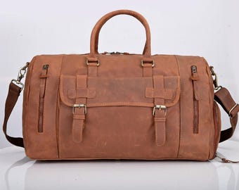 Bolsa de viaje de cuero hecha a mano: bolso vintage de fin de semana, equipaje de plena flor