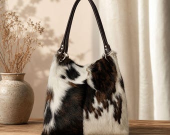 Cowhide Hobo Bag: Genuine Fur, Western Shoulder Tote Free Global Shipping