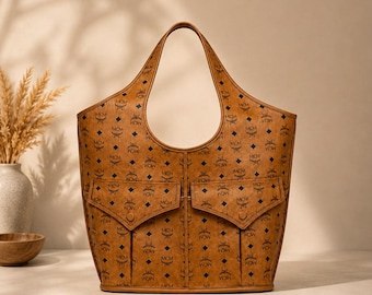 MCM Hobo Tote Bag | Cognac Visetos Large Shoulder Bag |  Spacious Designer Work & Travel Handbag
