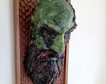Wood Wall Sculpture, Figurative Human Face in Bark, Hand Carved Mixed Media Contemporary Art