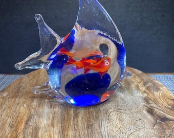 Vintage Art Glass Blown ANGEL FISH Paperweight / Figurine with fish inside Muran